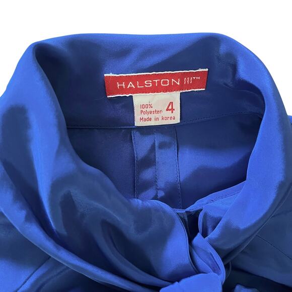 Vintage Halston III Blue Satin Tie-Neck Blouson Midi Secretary Shirt Dress XS/S - Picture 3 of 8